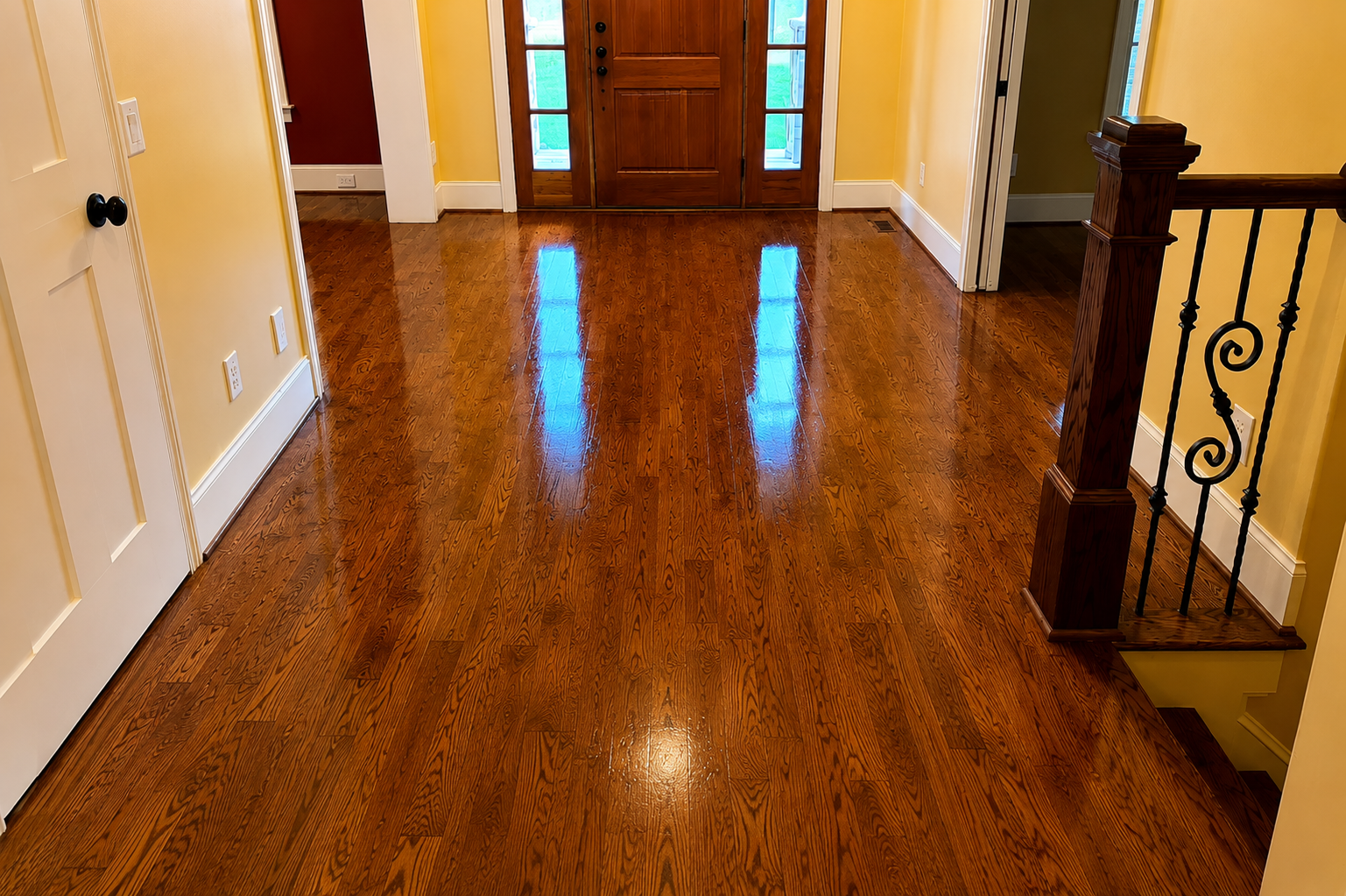 Apex hardwood floor foyer after screen and recoat