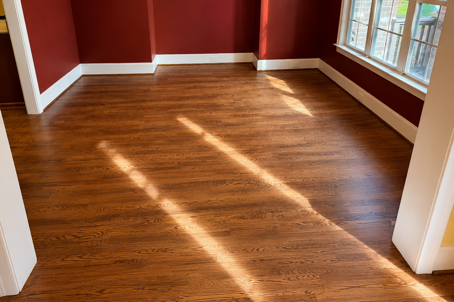 Apex hardwood floor red room before screen and recoat