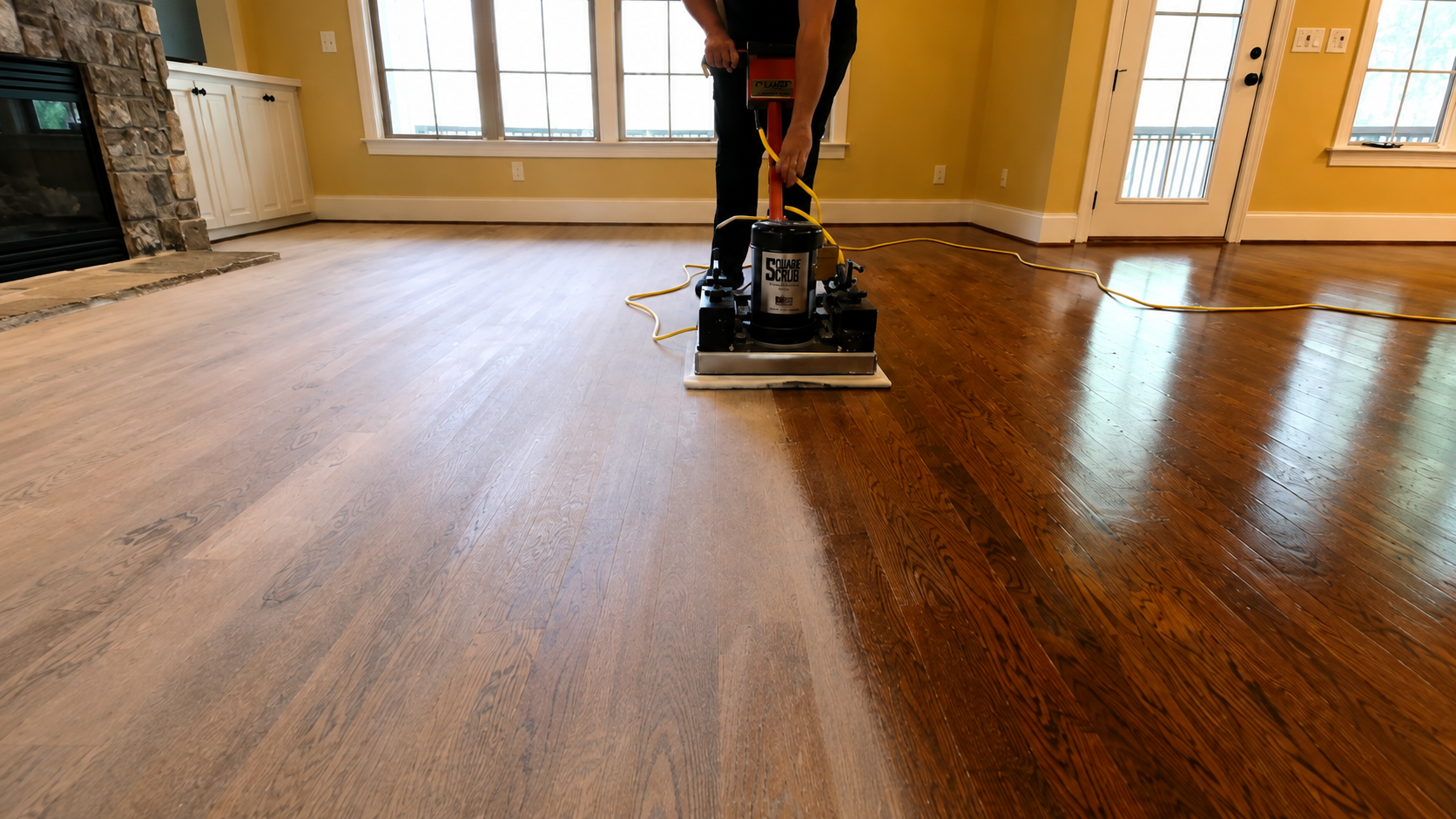 True Clean screening hardwood floors during an Apex North Carolina screen and recoat project