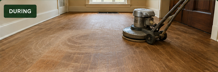 Hardwood floor being screened before recoating