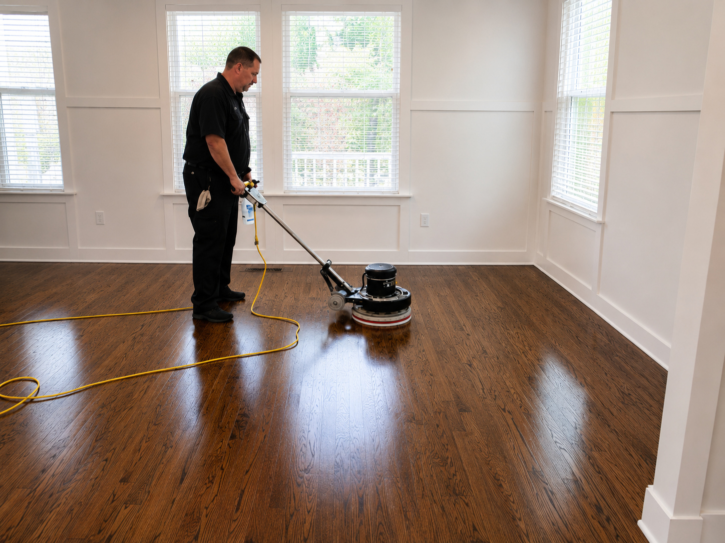 True Clean buffing hardwood floors during Durham North Carolina Clean and Buff project