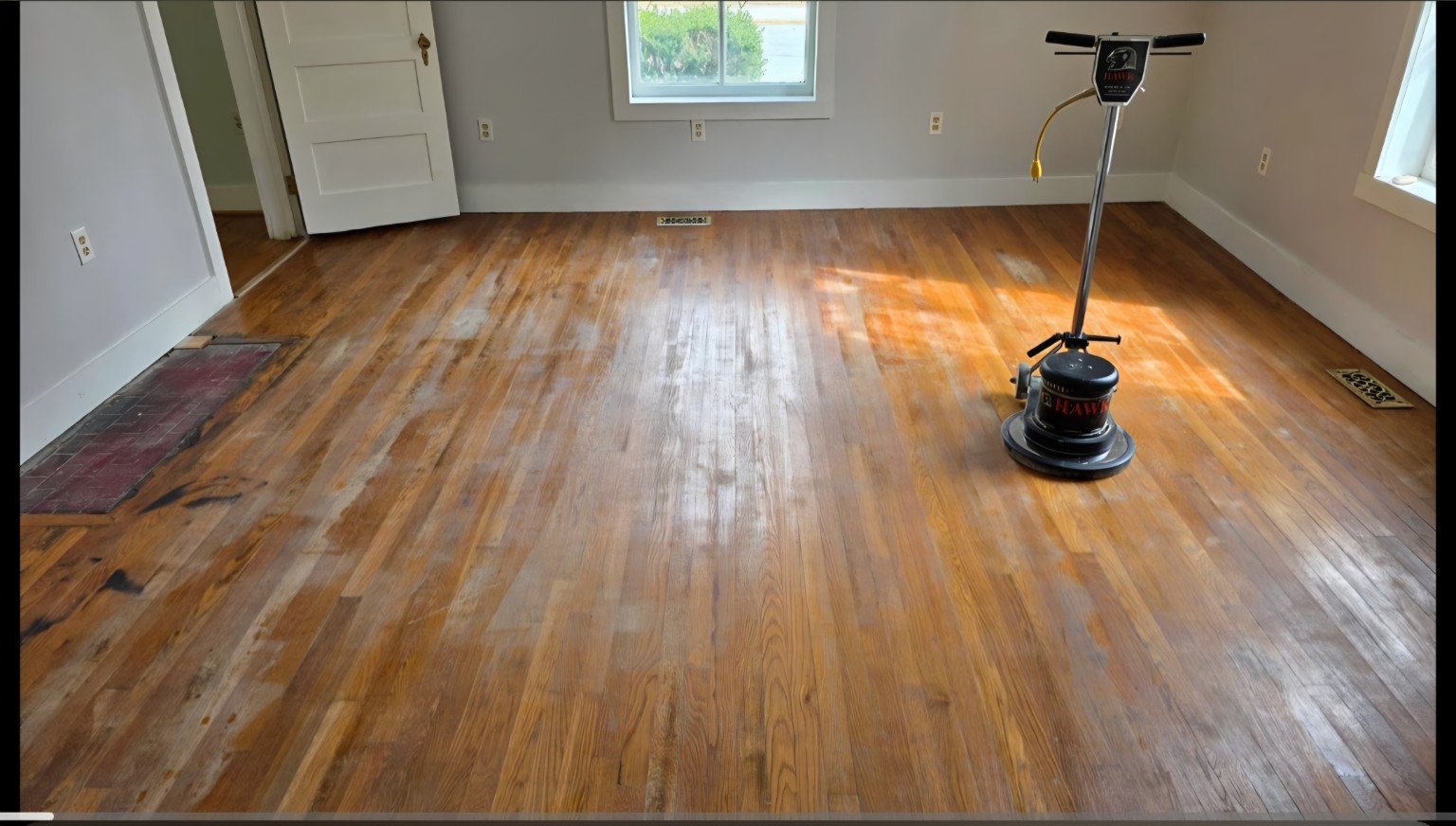 Professionally cleaned and buffed hardwood floor
