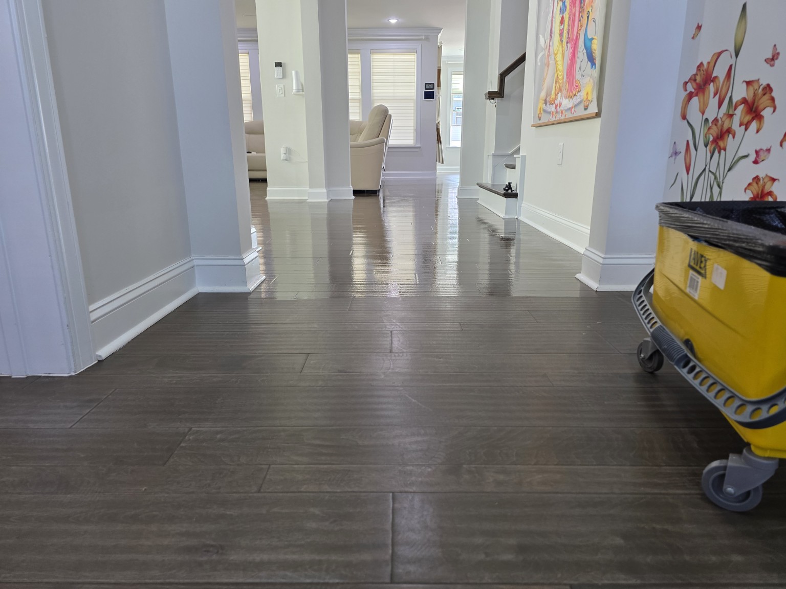 Finished engineered hardwood hallway after screen and recoat
