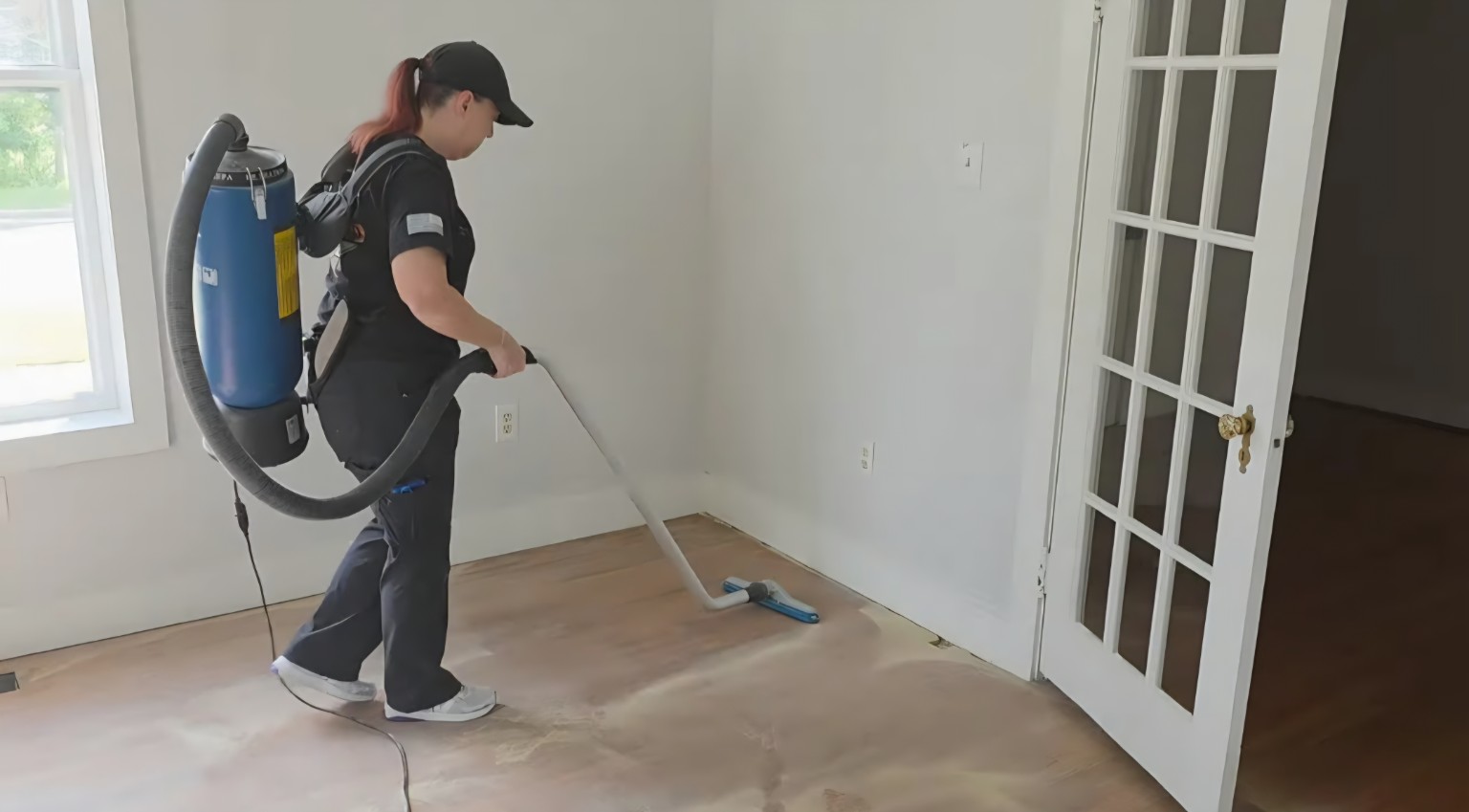 Technician using a backpack vacuum to remove sanding dust from hardwood floors