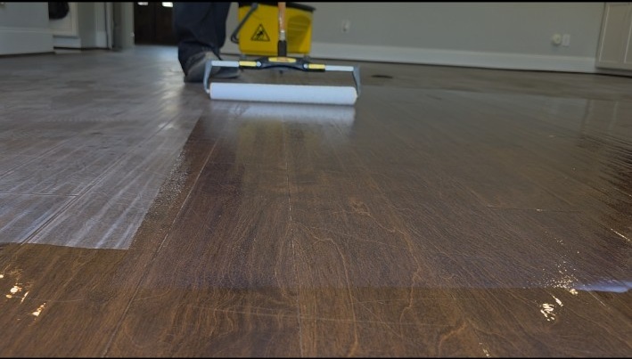 Close-up view of fresh hardwood floor finish being applied evenly