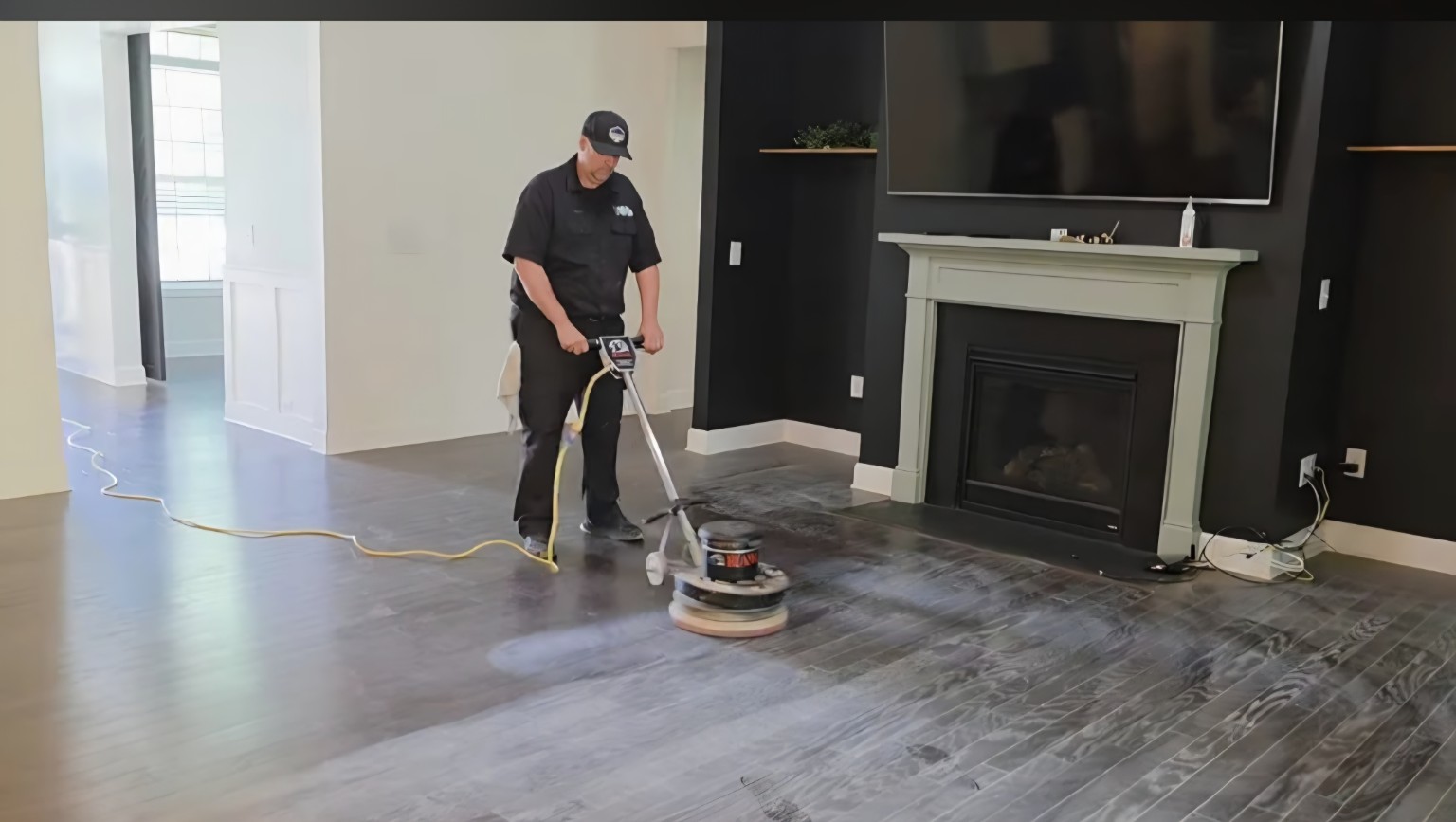 Hardwood floor being screened before recoating