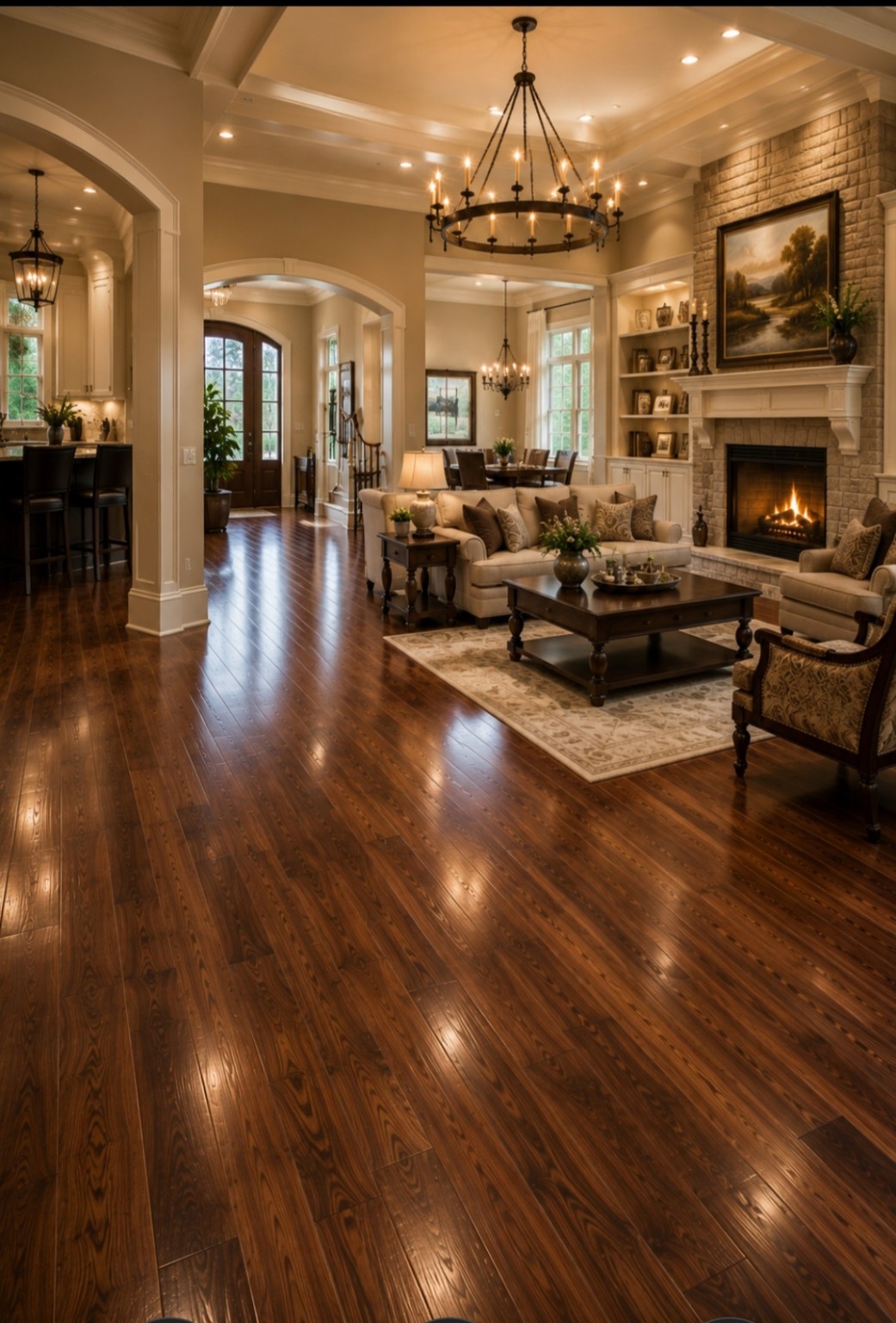Freshly restored hardwood floor in a bright luxury living room