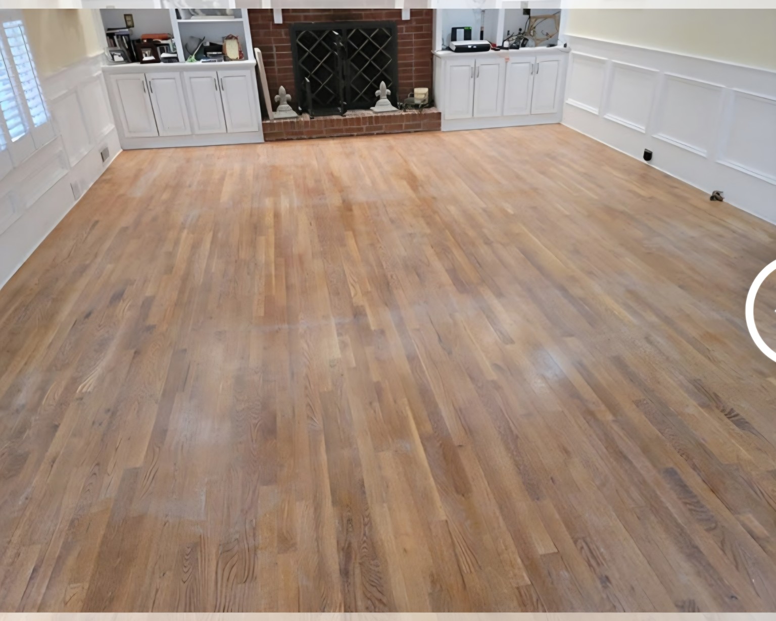 Before — Fireplace room hardwood restoration