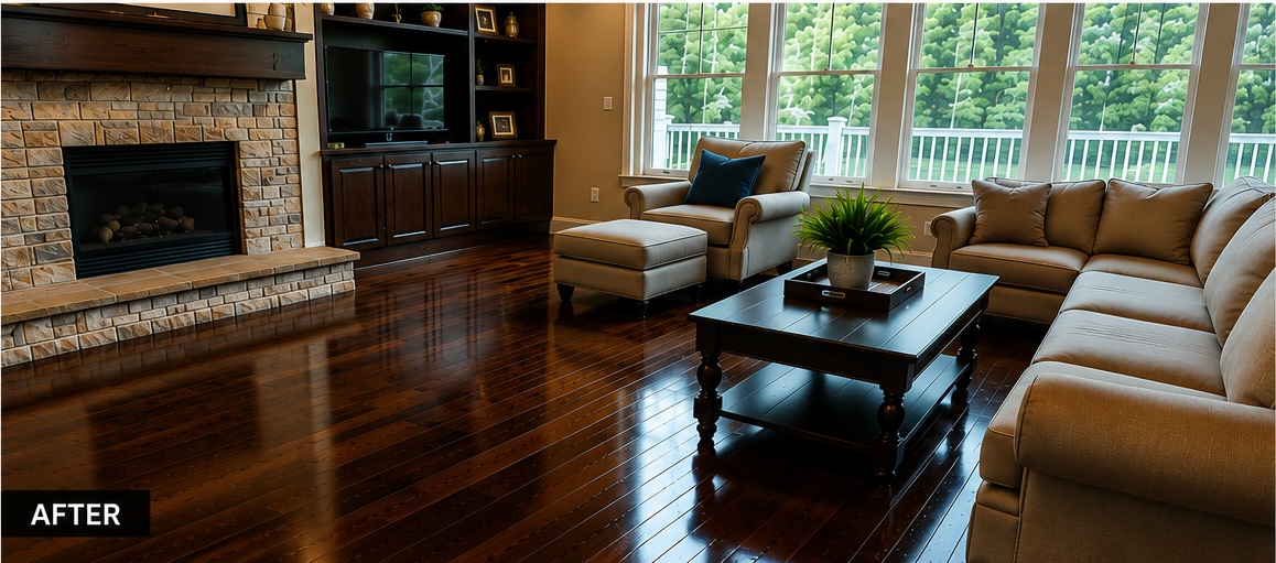 After wax removal: dark walnut hardwood floor cleaned and finished with polyurethane