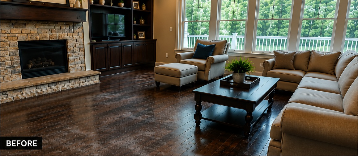 Before wax removal: dark walnut hardwood floor with cloudy wax and acrylic buildup