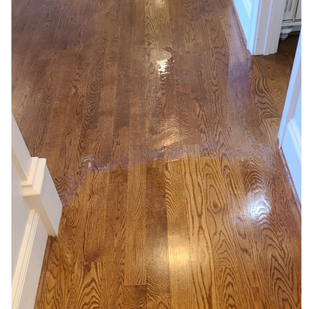 Hardwood floor with wax or acrylic coating buildup